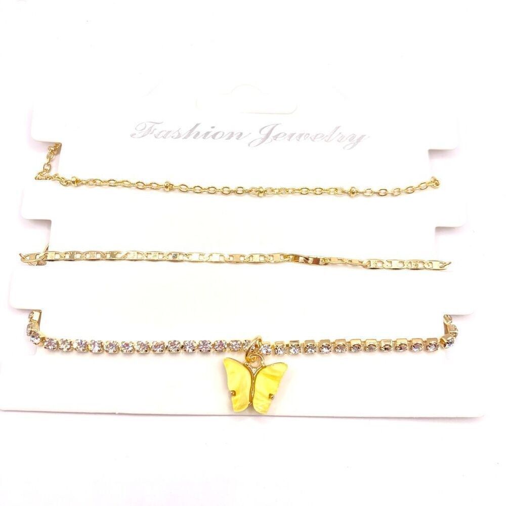 Gold Layered Butterfly Necklace Set - 3pc Rhinestone Tennis Chain & Mariner Link